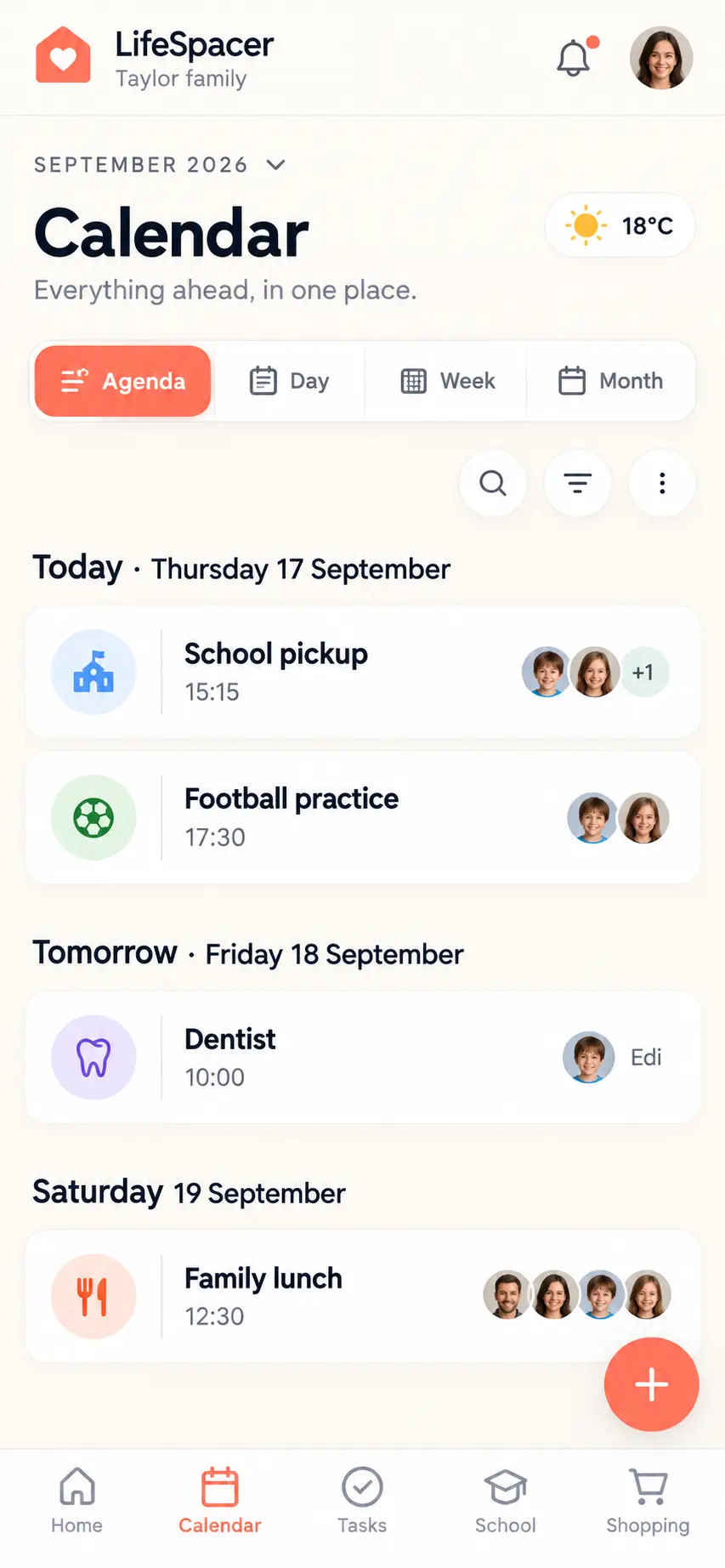 LifeSpacer mobile calendar agenda with demo family events
