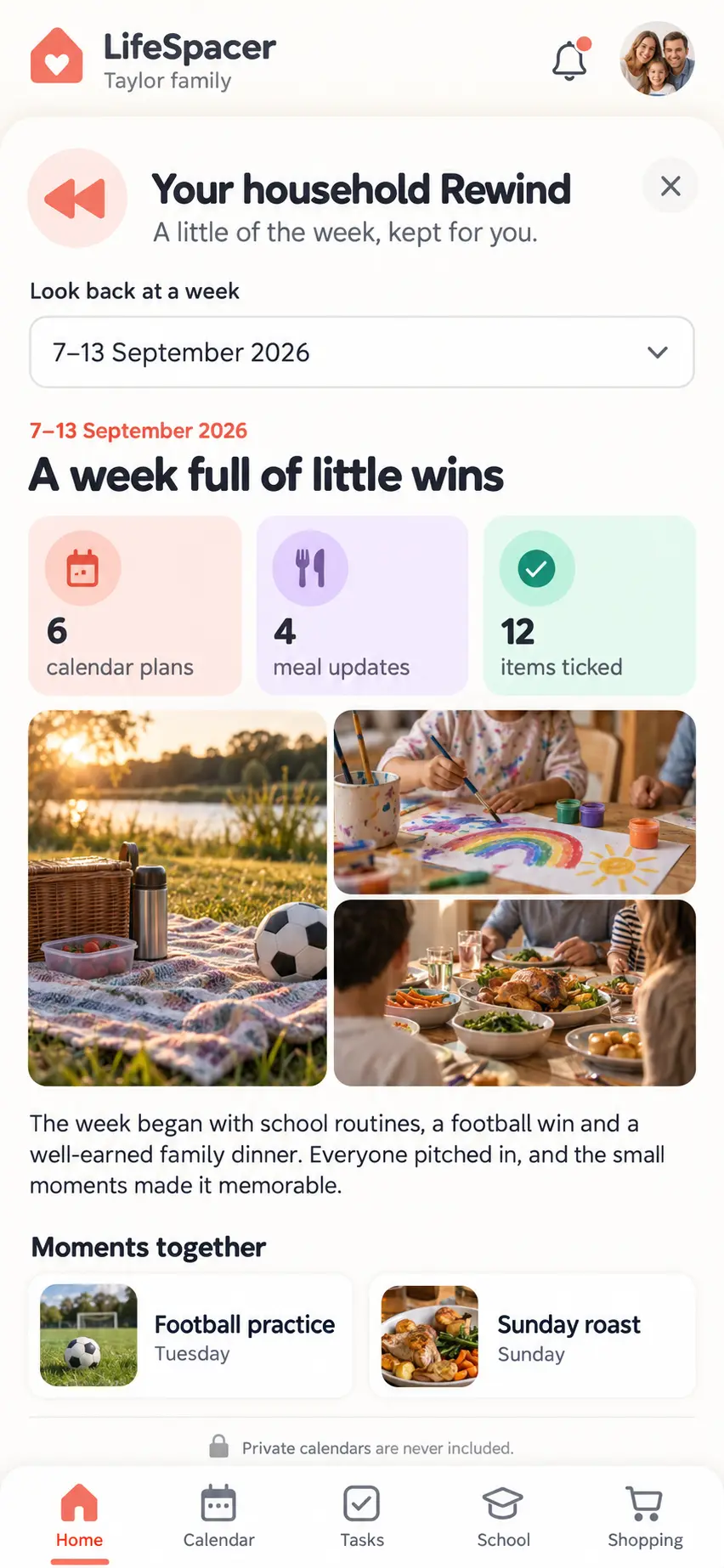 LifeSpacer mobile Household Rewind with demo weekly highlights