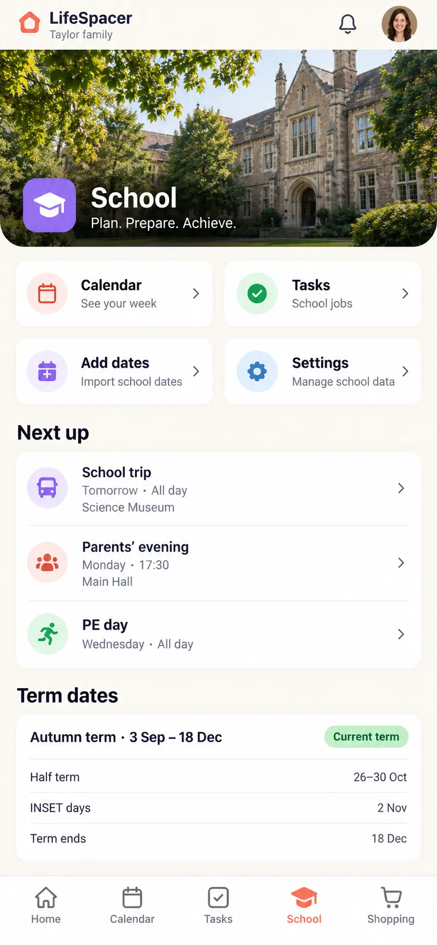 LifeSpacer mobile school page with demo dates and events
